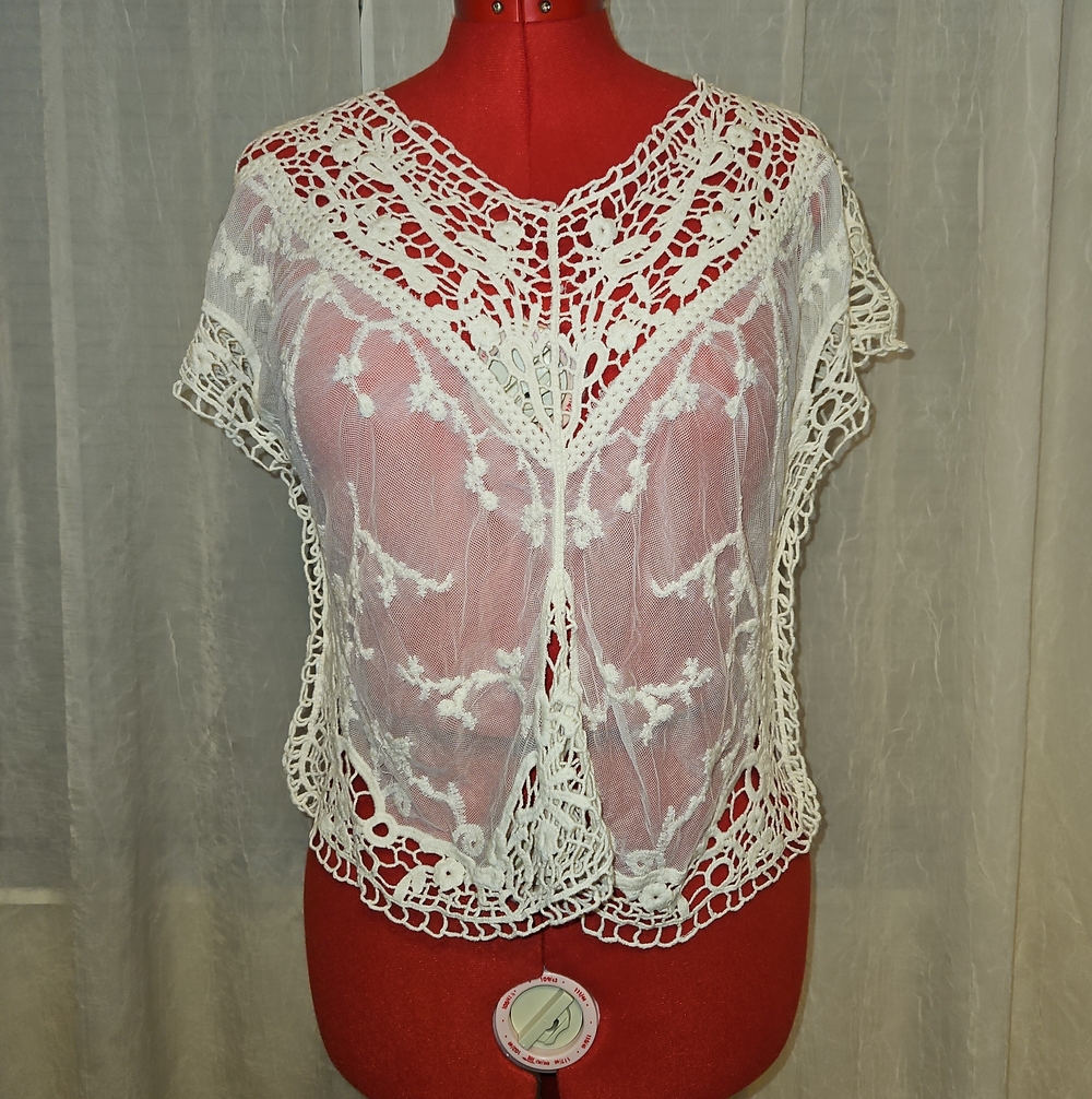 Adiktd Cream Sheer Crochet Lace Cover-Up Top